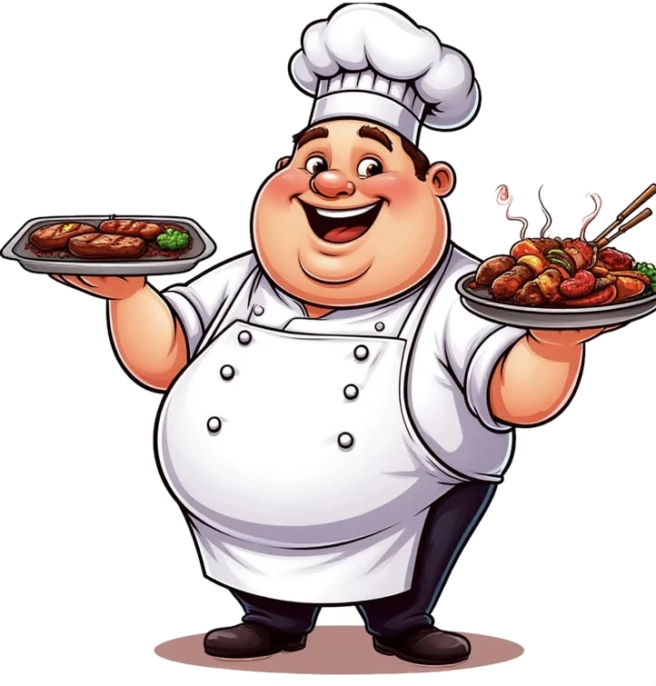 Ilustración de Pavel, el cocinero, sonriente con dos bandejas de comida